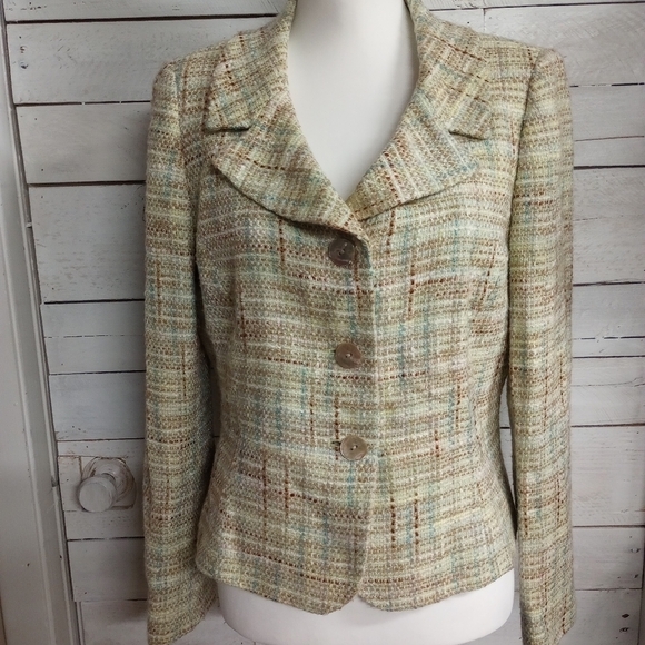Tahari Arthur S Levine 10PGreen Tweed 3 Button Lined Blazer Padded Shoulders - Picture 1 of 12
